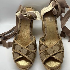 Coach Mila Lace Up Gold/Beige/Brown Espadrille Wedge Sandals Size 9B